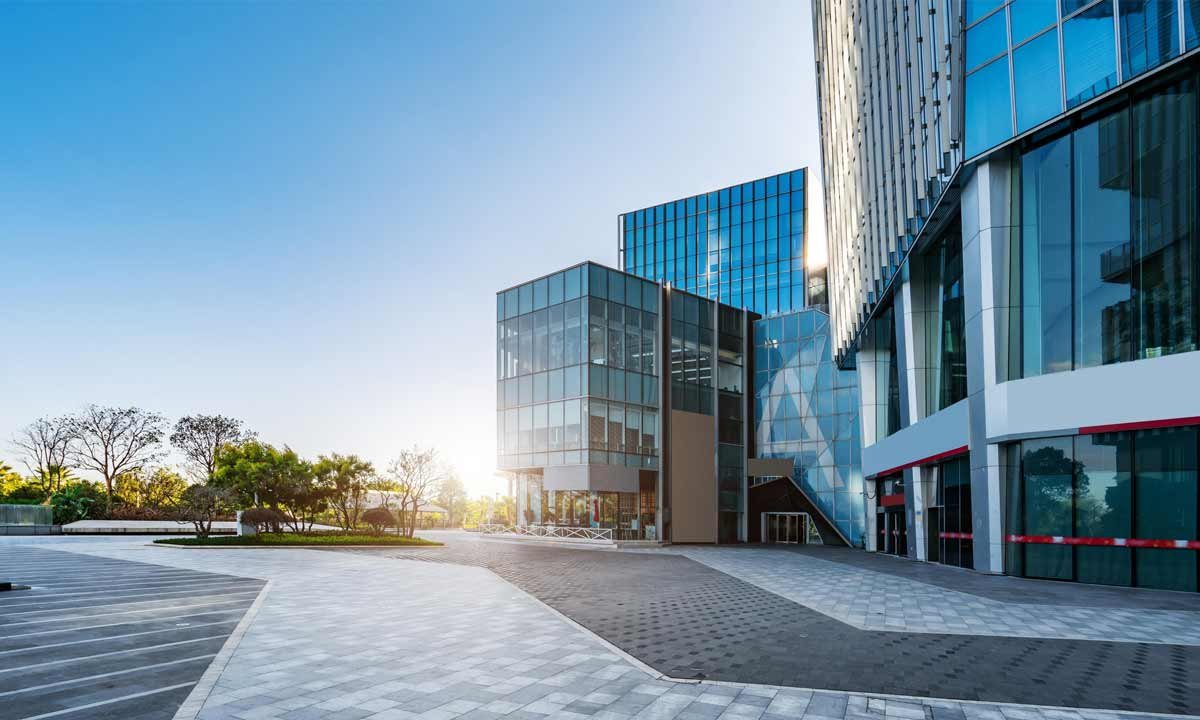Modern office buildings at sunset